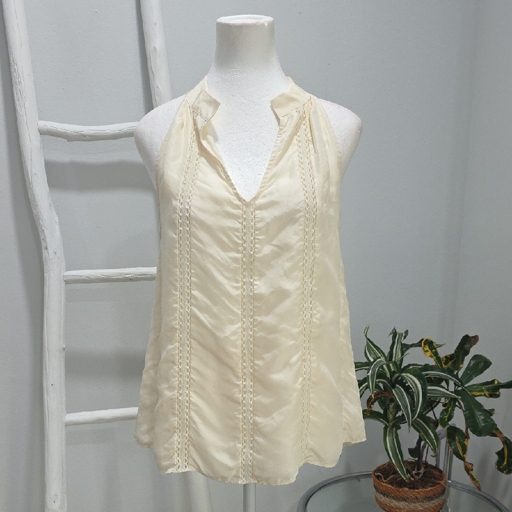 Geren Ford Elegant Cream Halter Silk Eyelet Top